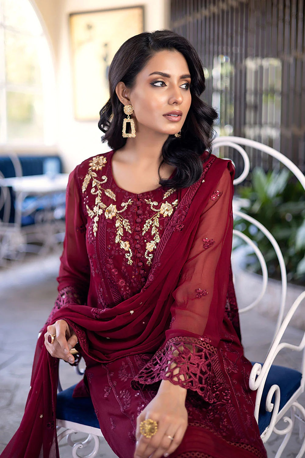 Ensembles By Azure Embroidered Chiffon Suits Unstitched 4 Piece AZES - 100 Antique Rouge