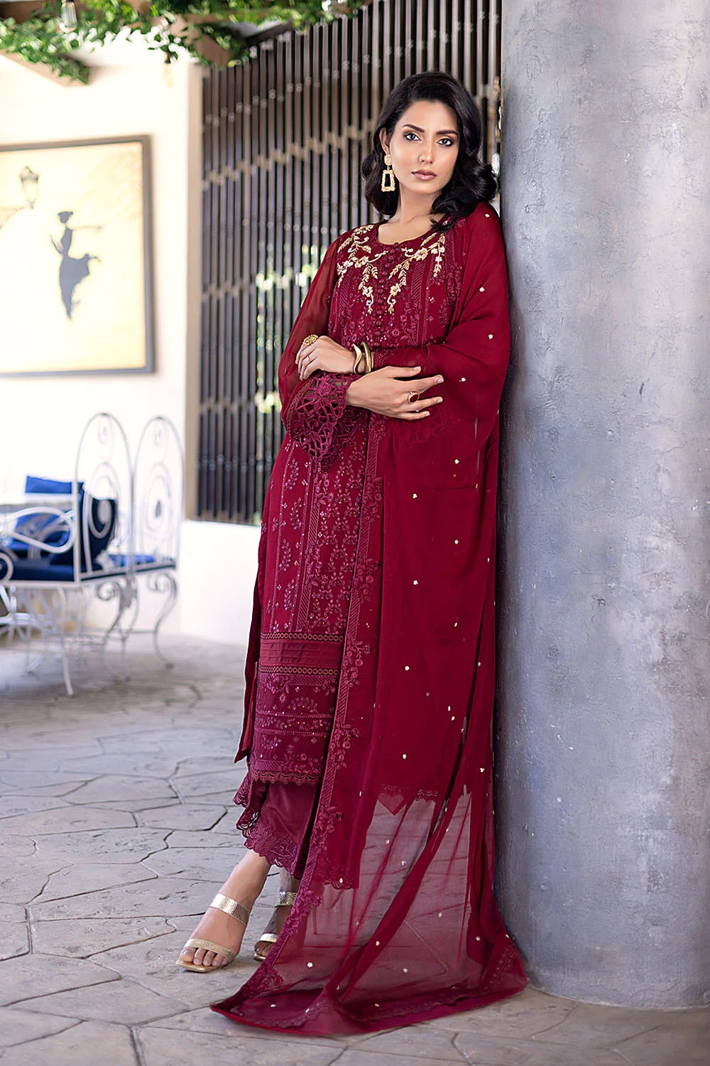 Ensembles By Azure Embroidered Chiffon Suits Unstitched 4 Piece AZES - 100 Antique Rouge