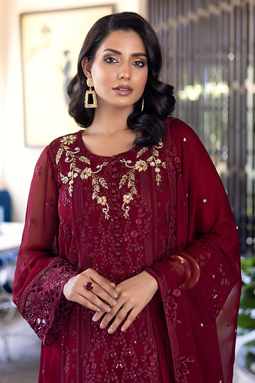Ensembles By Azure Embroidered Chiffon Suits Unstitched 4 Piece AZES - 100 Antique Rouge