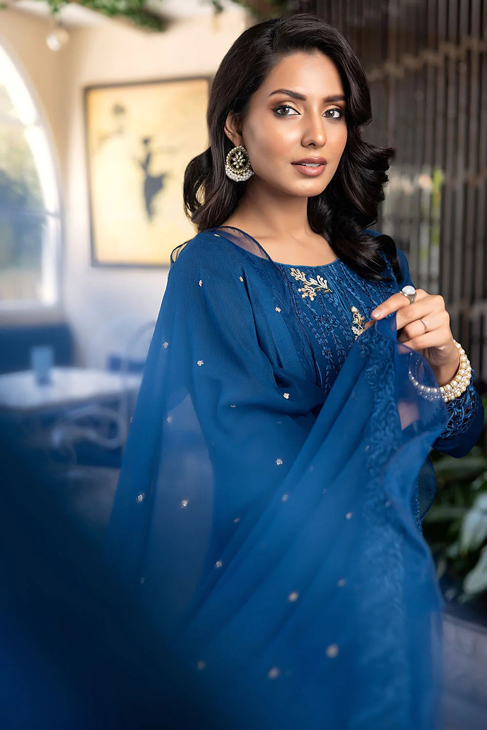 Ensembles By Azure Embroidered Chiffon Suits Unstitched 4 Piece AZES - 101 Cerulean
