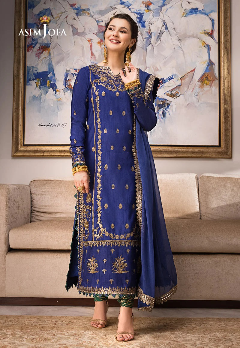 Asim Jofa Zari Sitara Embroidered Raw Silk Unstitched 3 Piece Dress - AJZS 18