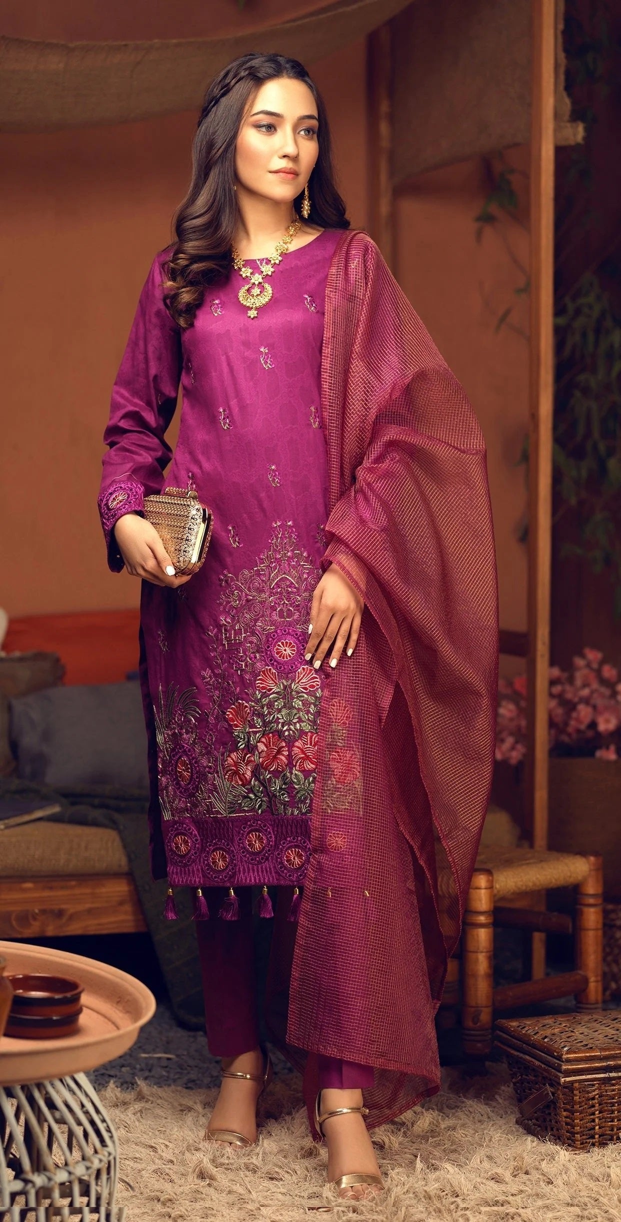 Salitex Signature Embroidered Broshia 3pc Unstitched Dress - WK 475