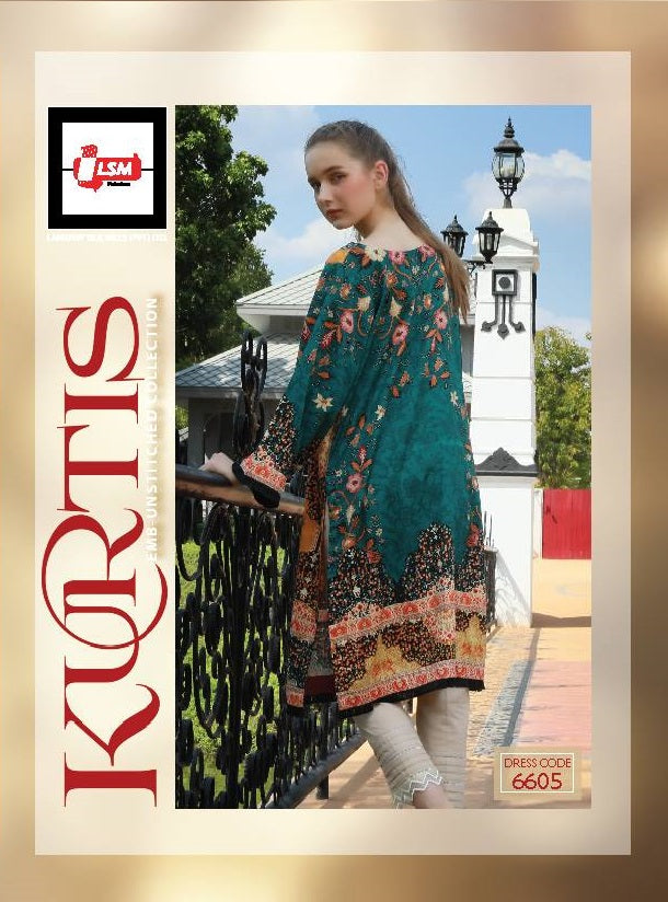 LSM - Lakhani Embroidered Cotton Satin 01 Piece Unstitched Kurti - 6605