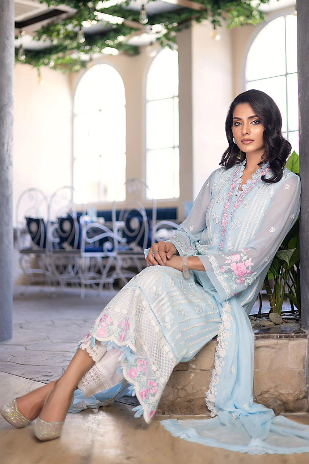 Ensembles By Azure Embroidered Chiffon Suits Unstitched 4 Piece AZES - 97 Sky Bloom