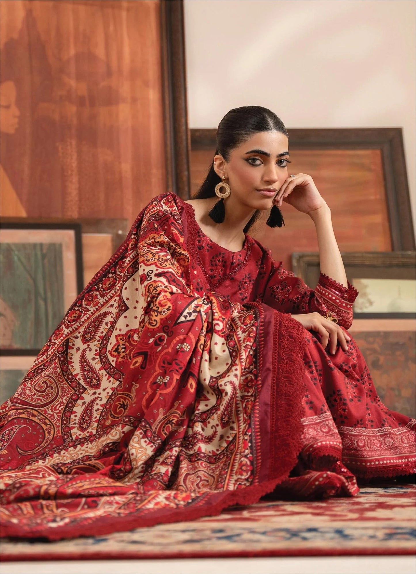 Mausummery Printed Linen 3 Piece Unstitched Dress - MPL-Carnelian