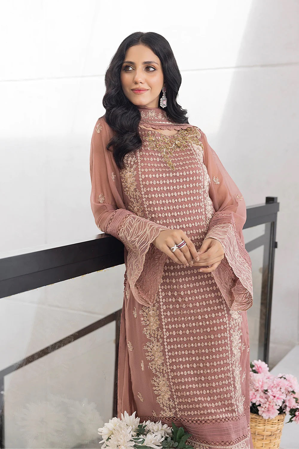 Ensembles Chiffon by Azure Embroidered Chiffon 4 Piece Unstitched Dress - ES029 Spray Rose