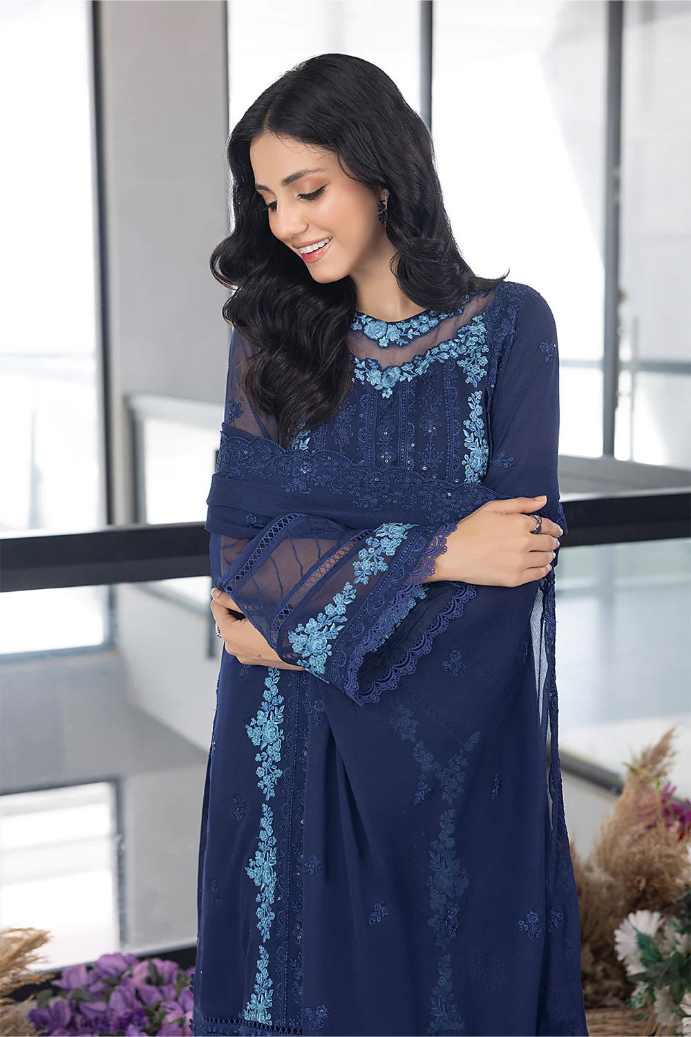 Ensembles Chiffon by Azure Embroidered Chiffon 4 Piece Unstitched Dress - ES030 Frisky Waves