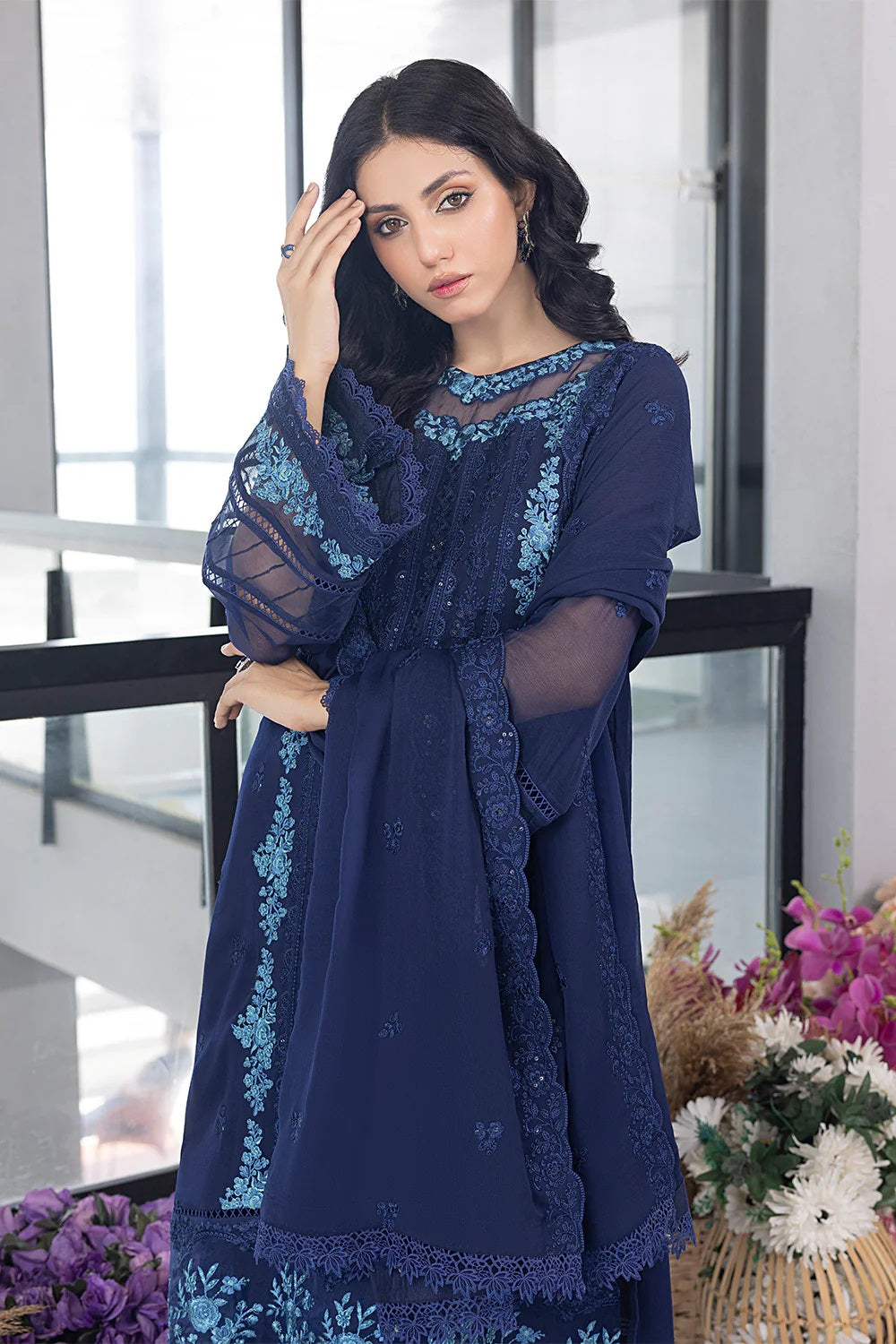 Ensembles Chiffon by Azure Embroidered Chiffon 4 Piece Unstitched Dress - ES030 Frisky Waves