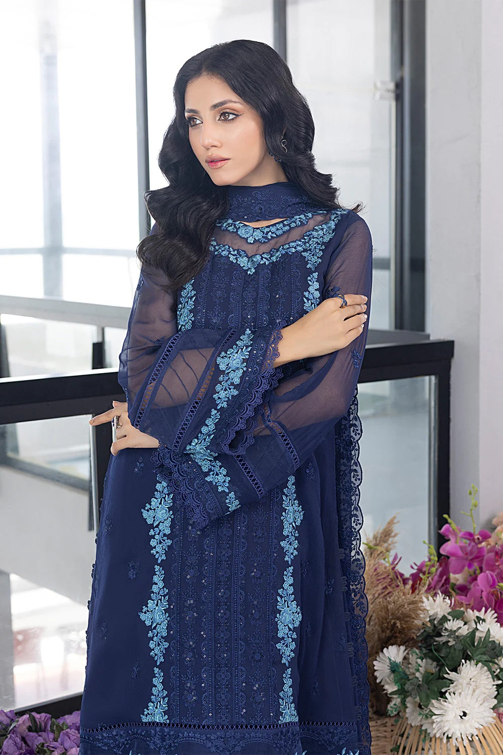 Ensembles Chiffon by Azure Embroidered Chiffon 4 Piece Unstitched Dress - ES030 Frisky Waves
