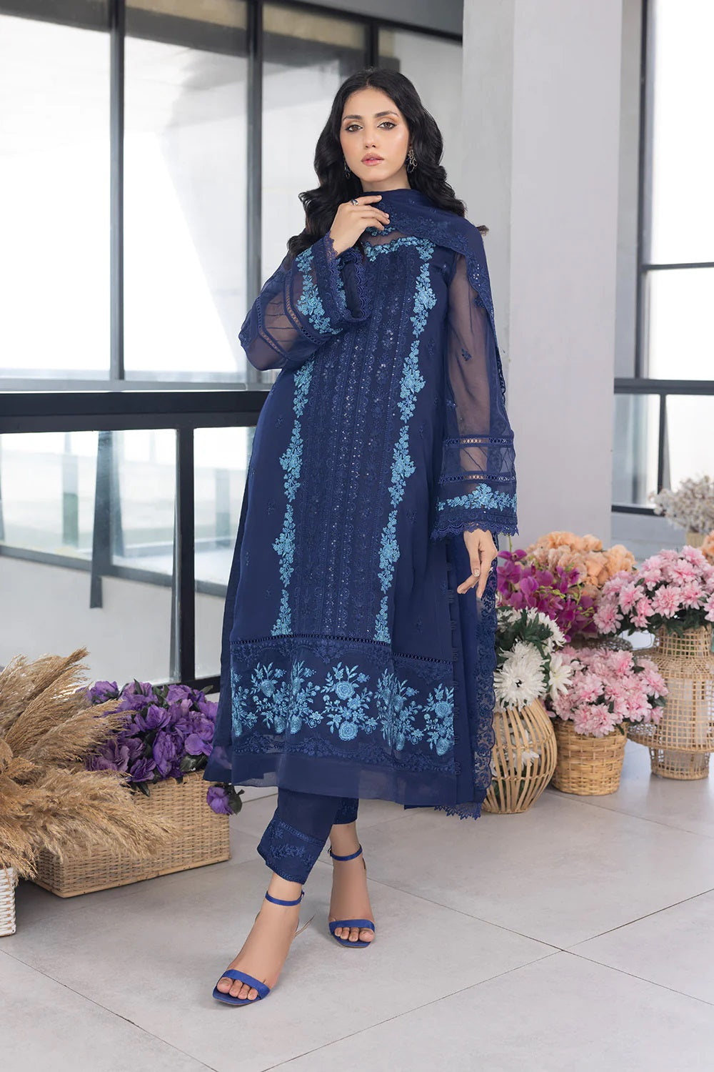 Ensembles Chiffon by Azure Embroidered Chiffon 4 Piece Unstitched Dress - ES030 Frisky Waves