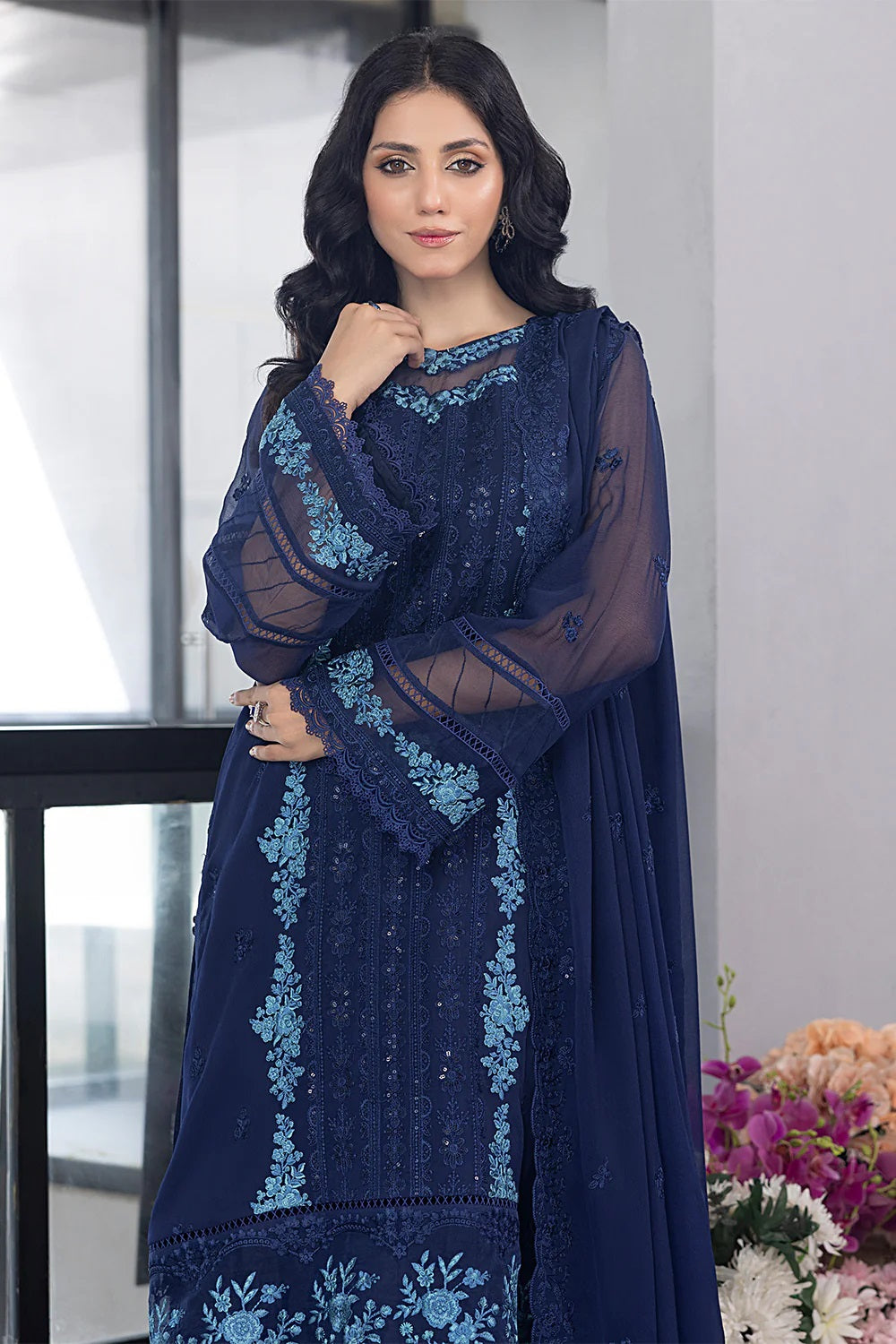 Ensembles Chiffon by Azure Embroidered Chiffon 4 Piece Unstitched Dress - ES030 Frisky Waves