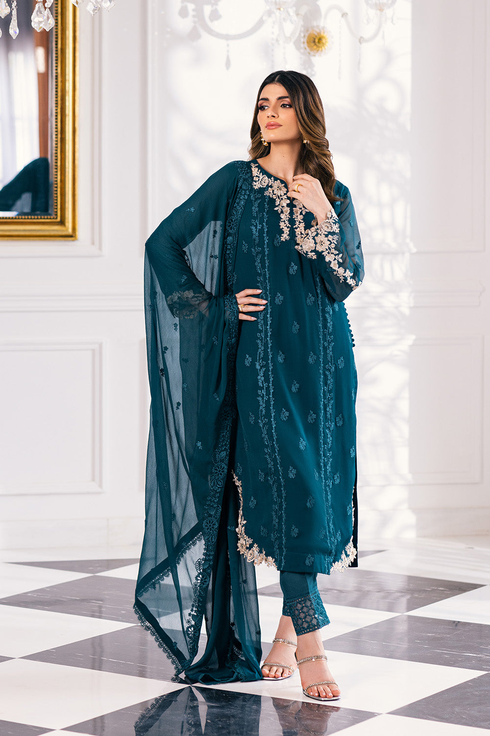 Ensembles By Azure Embroidered Chiffon Suits Unstitched 4 Piece VRES034 - Seaweed