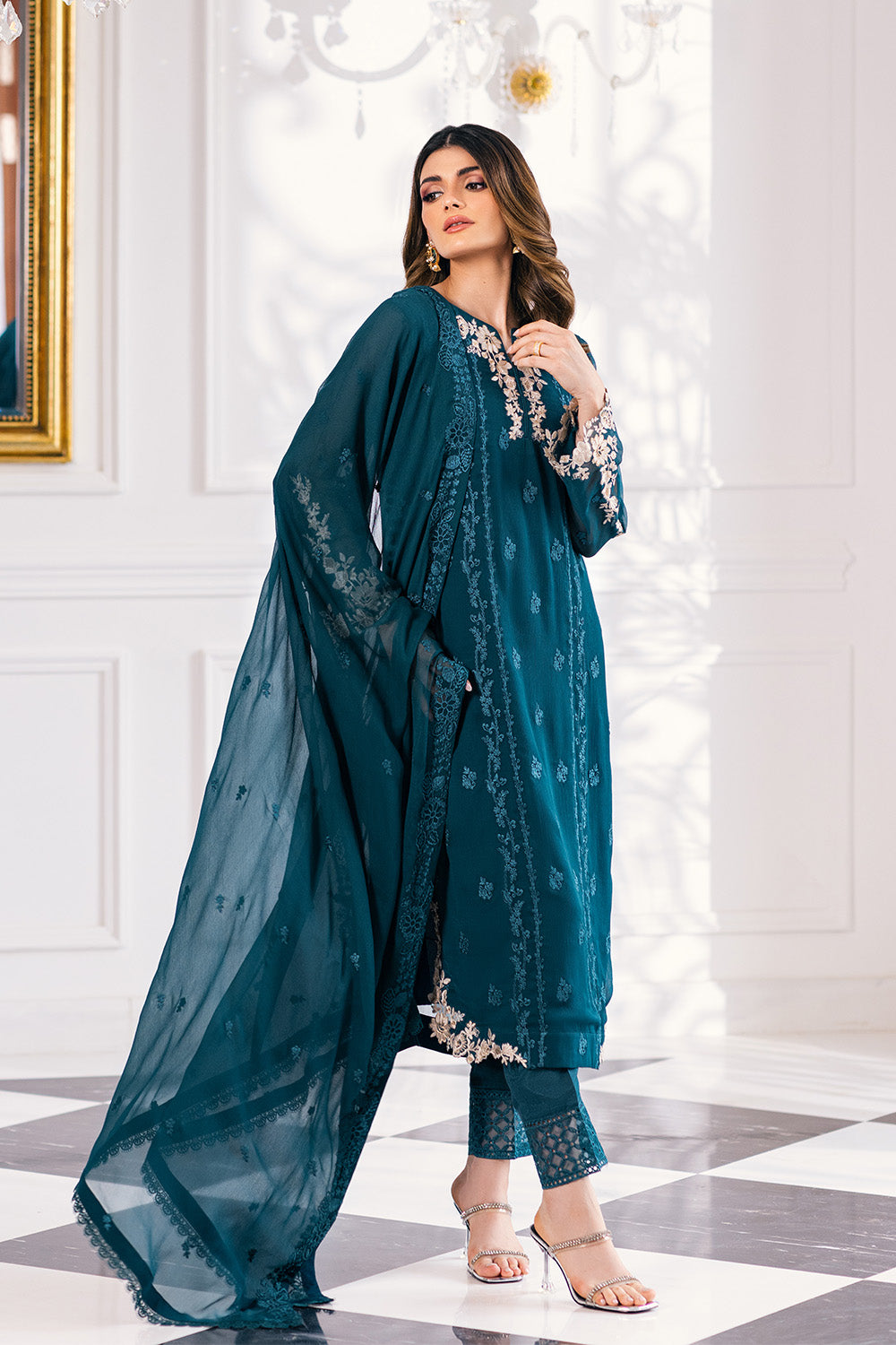 Ensembles By Azure Embroidered Chiffon Suits Unstitched 4 Piece VRES034 - Seaweed