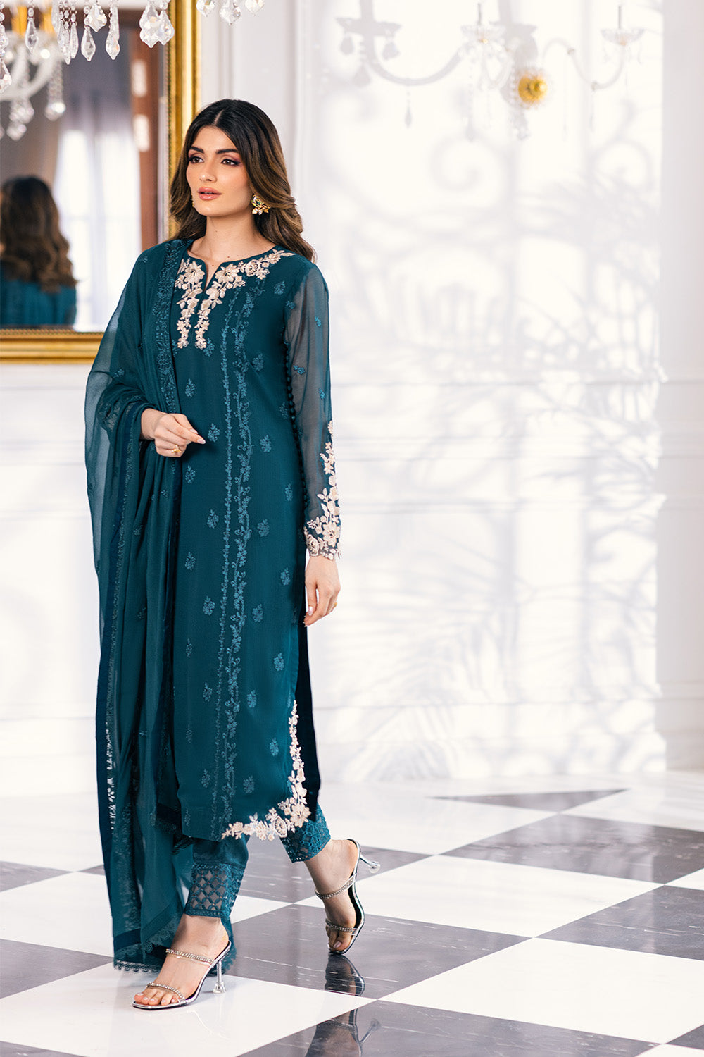 Ensembles By Azure Embroidered Chiffon Suits Unstitched 4 Piece VRES034 - Seaweed