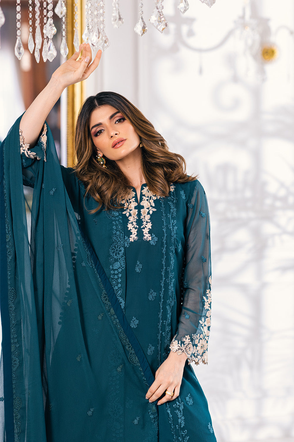 Ensembles By Azure Embroidered Chiffon Suits Unstitched 4 Piece VRES034 - Seaweed