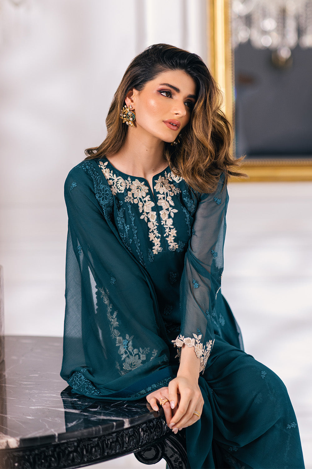 Ensembles By Azure Embroidered Chiffon Suits Unstitched 4 Piece VRES034 - Seaweed