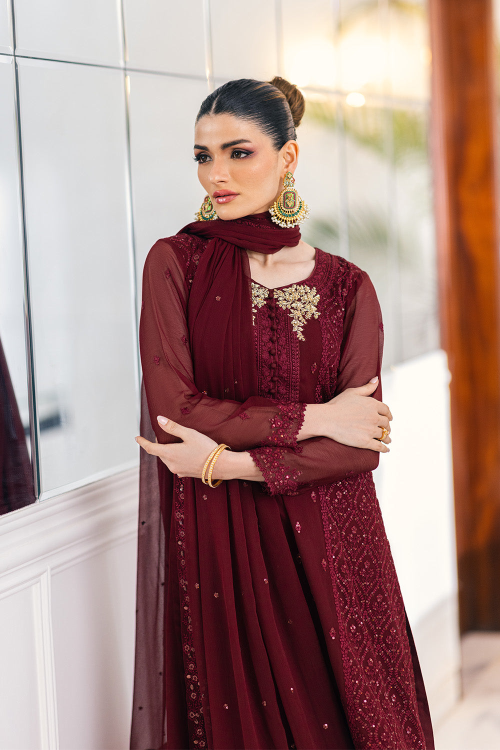 Ensembles By Azure Embroidered Chiffon Suits Unstitched 4 Piece VRES036 - Ruby Vine