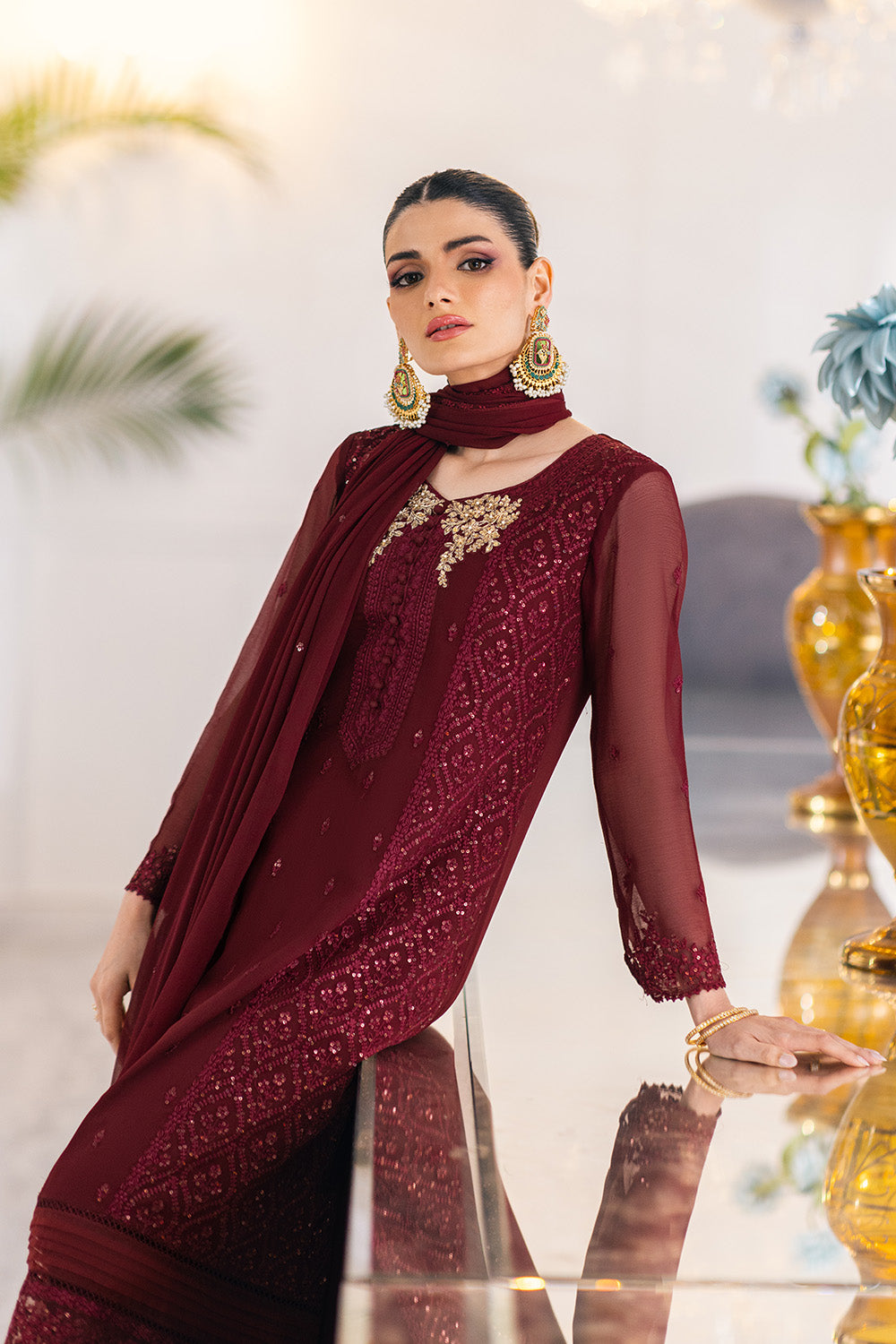 Ensembles By Azure Embroidered Chiffon Suits Unstitched 4 Piece VRES036 - Ruby Vine