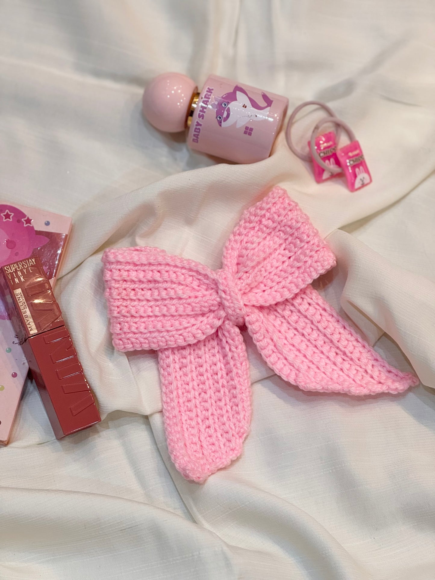 Crochet Hair Bow- Baby Pink