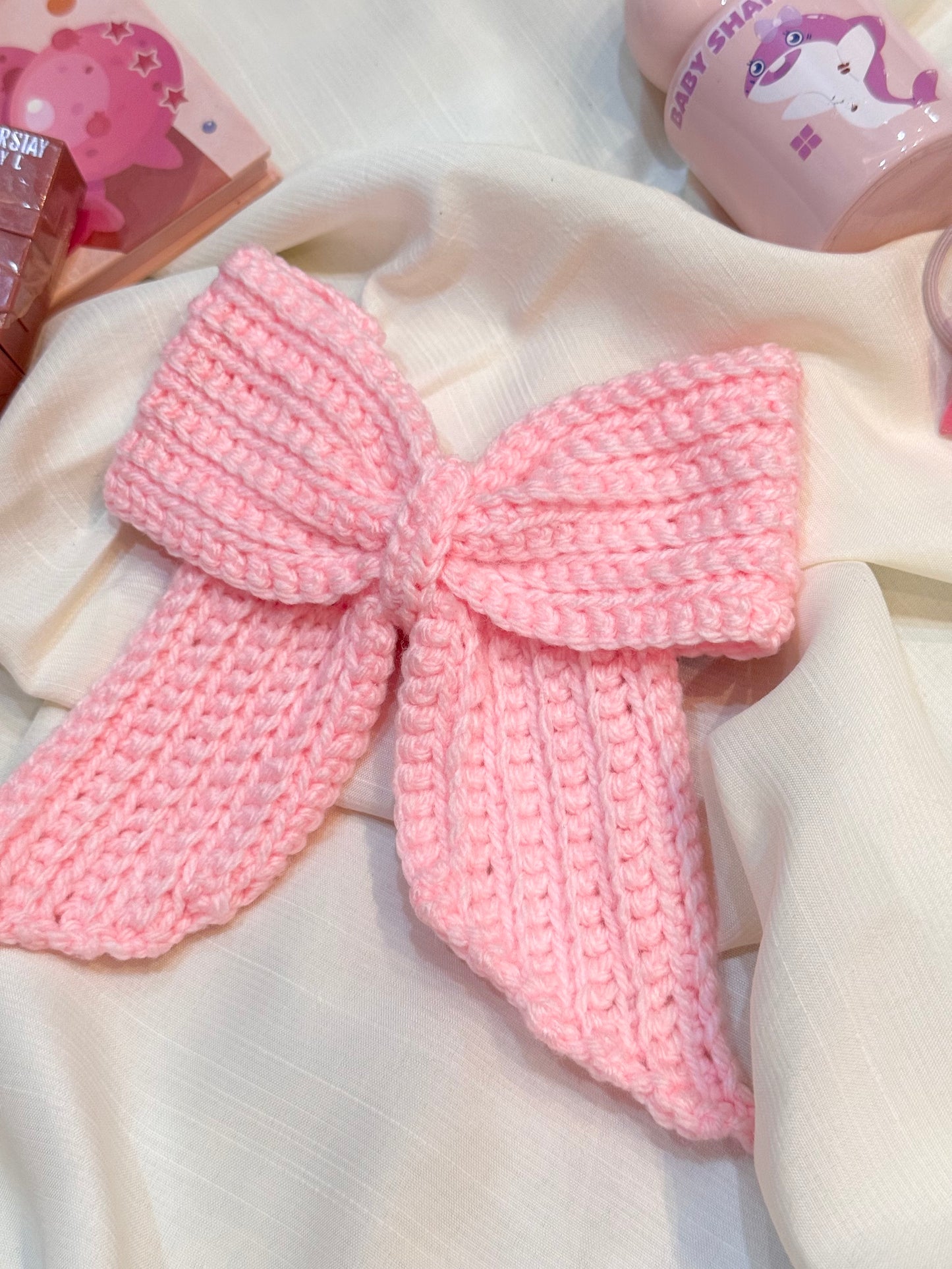 Crochet Hair Bow- Baby Pink