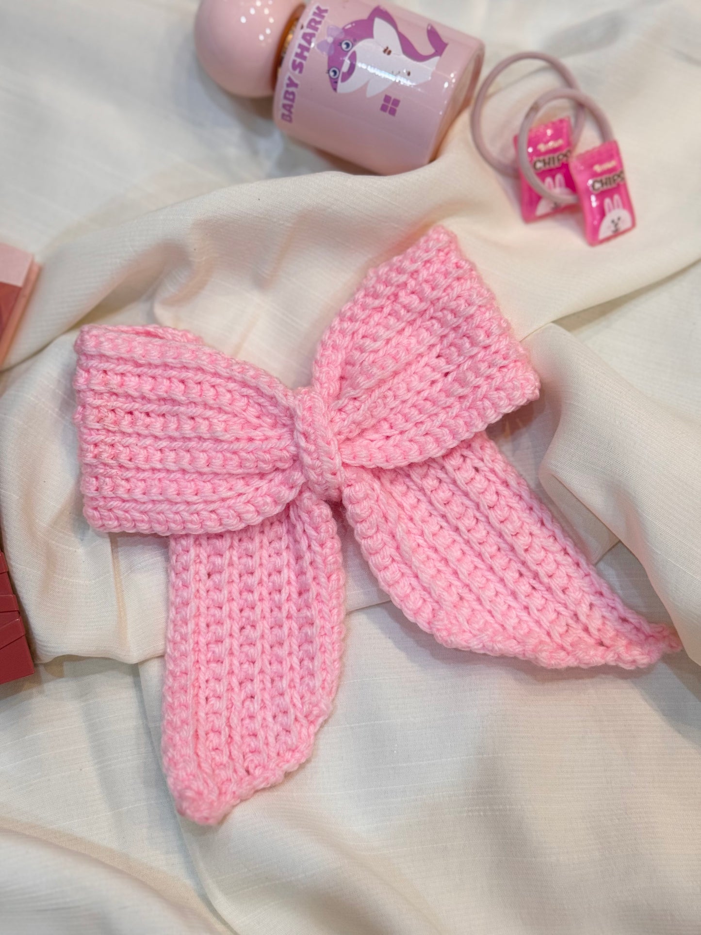 Crochet Hair Bow- Baby Pink