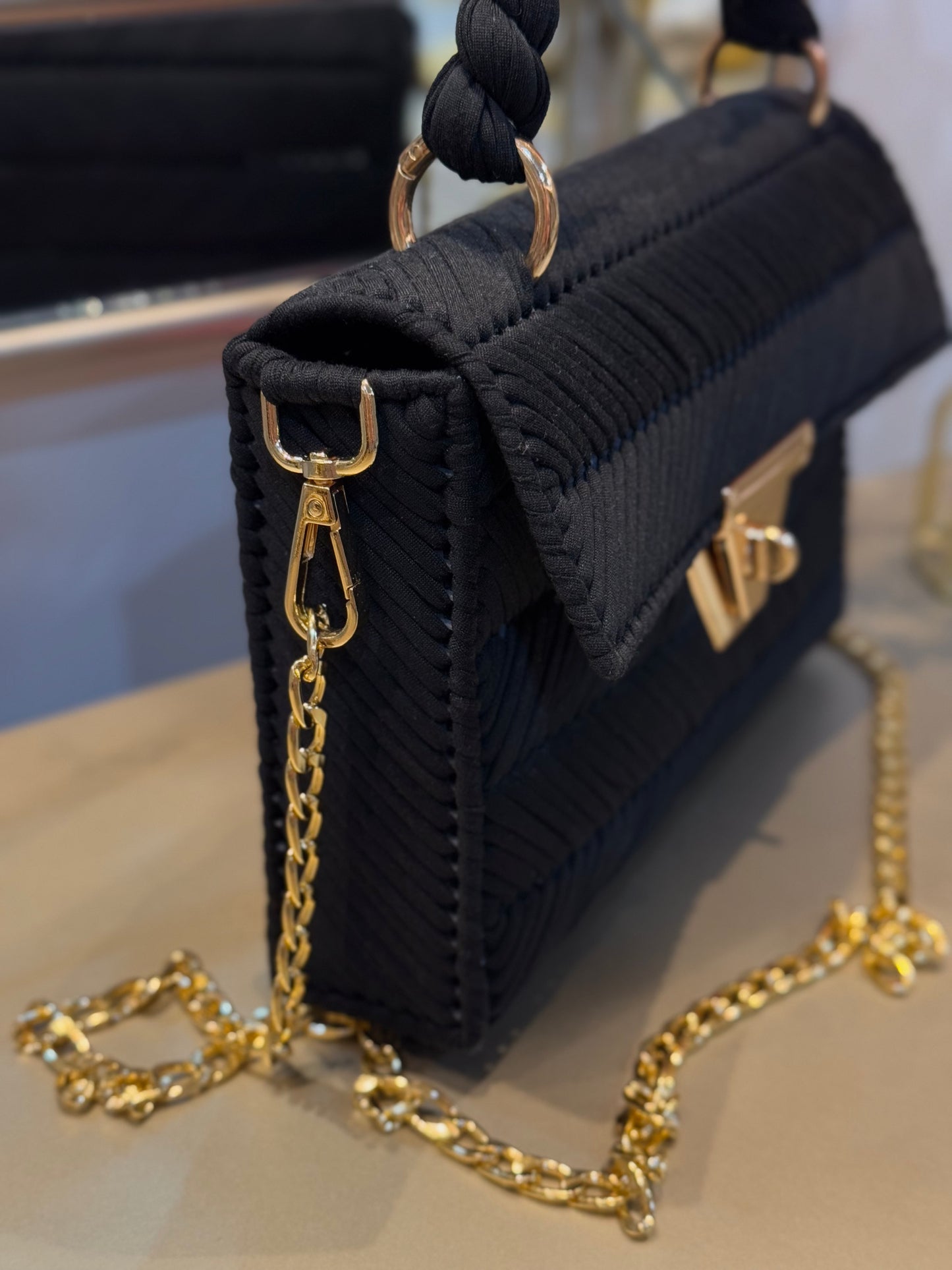 Crocheted T-Shirt Yarn Hand Bag - Black