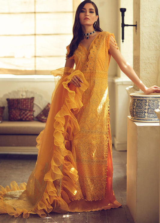 Rouche Embroidered Chikankari Unstitched 3 Piece Suit RL20CK 07 Saffron