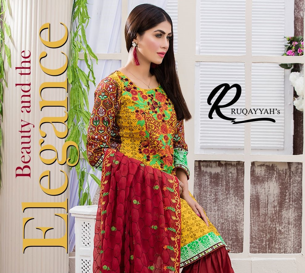 Elegance by Ruqayyah Cotton Embroidered 3 Piece Unstitched Dress - 3A