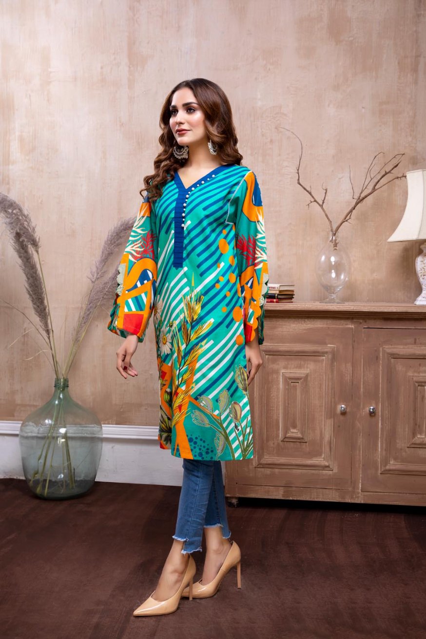 Adan Libas Printed Cambric Stitched Kurti - C1 10