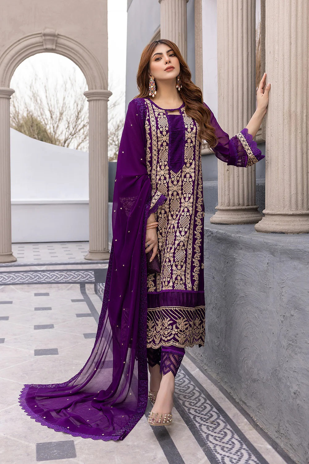 Ensembles By Azure Embroidered Chiffon Suits Unstitched 3 Piece AZ-18b-Daisy Bling - Festive Collection