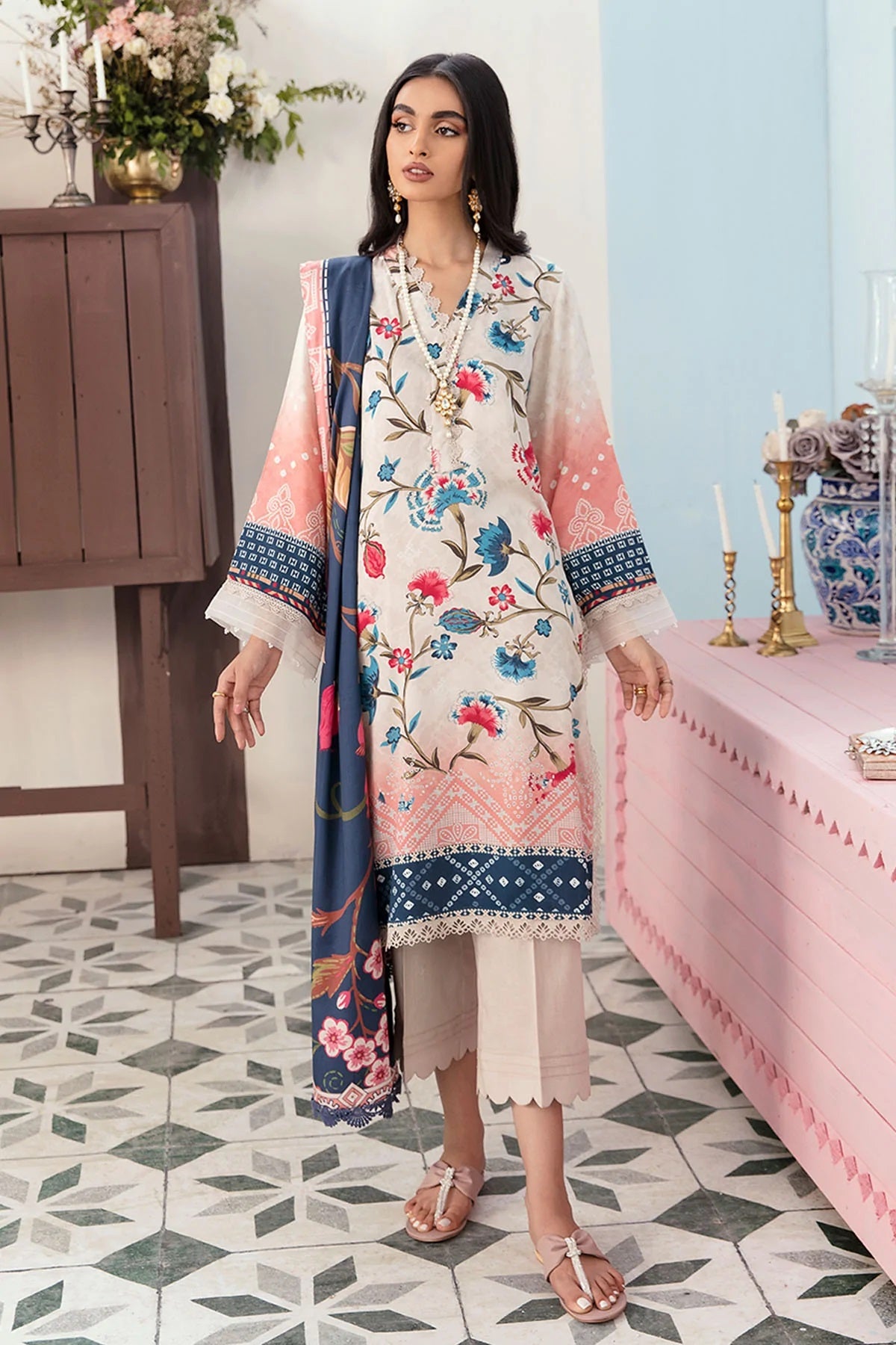 marina dress design Grace W105 -Embroidered 3pc marina dress with embroidered marina dupatta