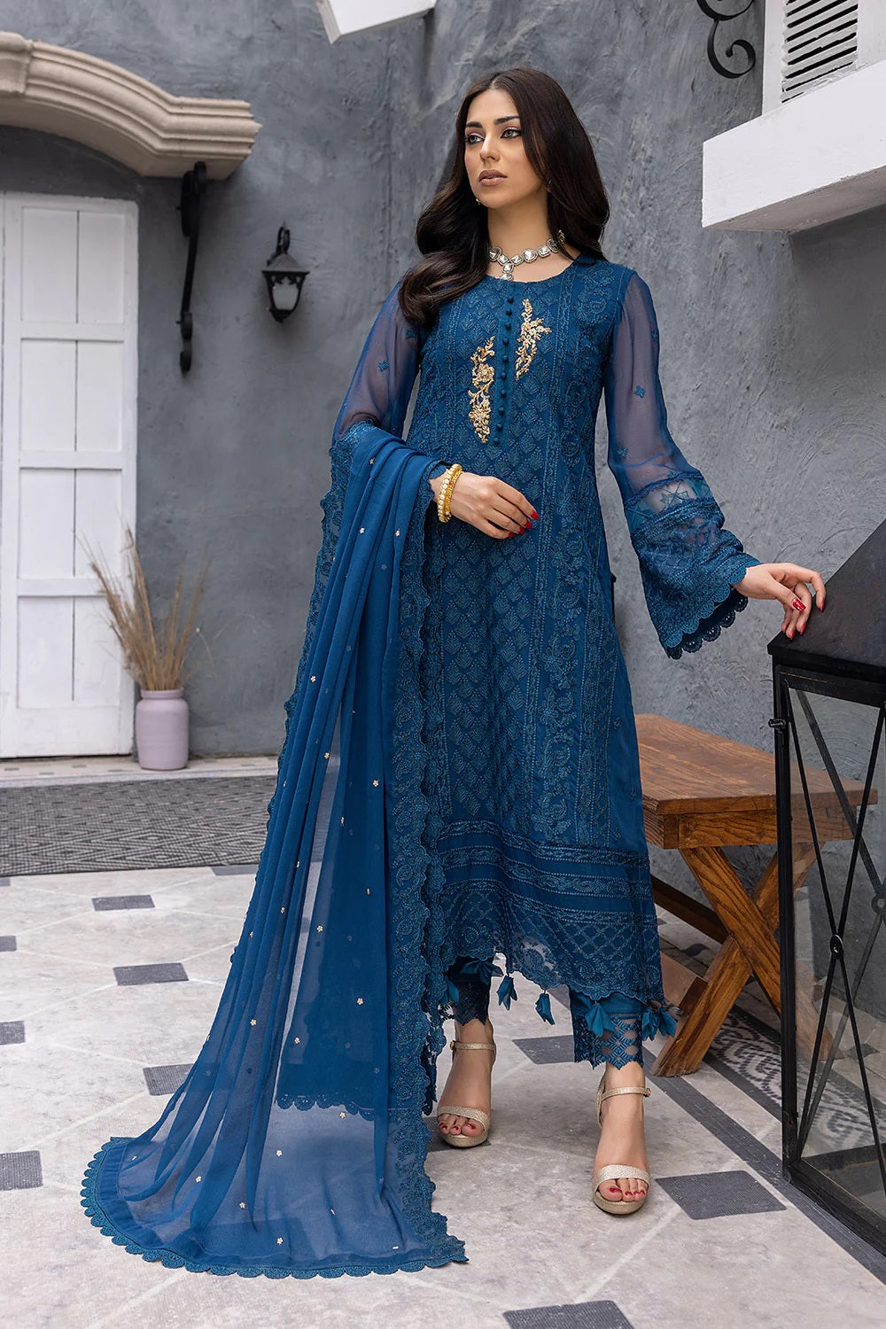 Ensembles By Azure Embroidered Chiffon Suits Unstitched 3 Piece AZ-19b-Exotic Sky - Festive Collection