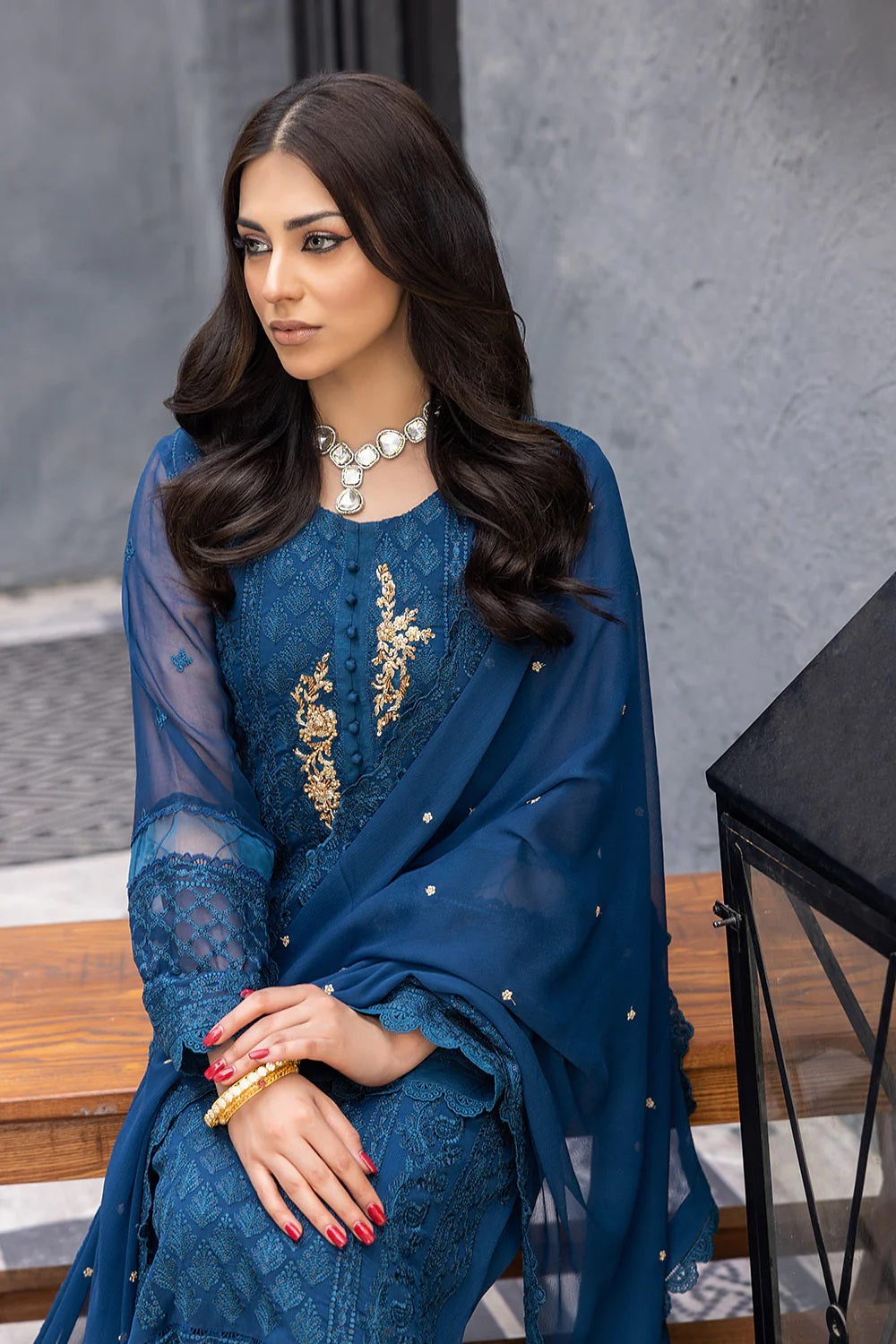 Ensembles By Azure Embroidered Chiffon Suits Unstitched 3 Piece AZ-19b-Exotic Sky - Festive Collection