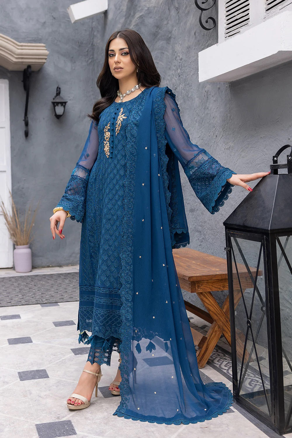 Ensembles By Azure Embroidered Chiffon Suits Unstitched 3 Piece AZ-19b-Exotic Sky - Festive Collection
