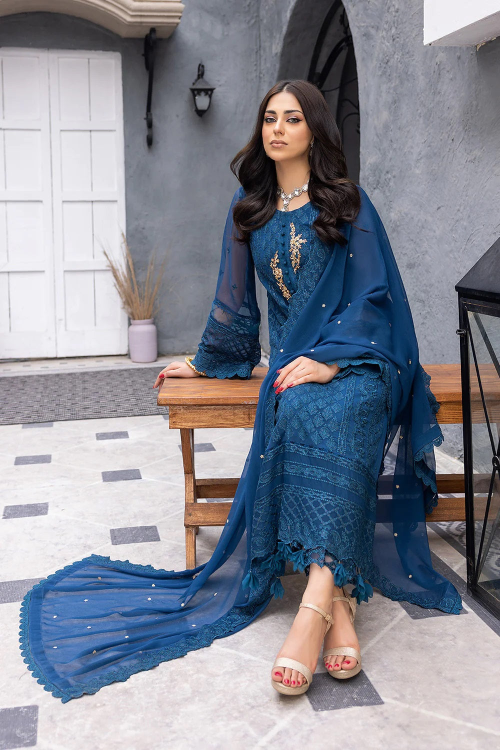 Ensembles By Azure Embroidered Chiffon Suits Unstitched 3 Piece AZ-19b-Exotic Sky - Festive Collection