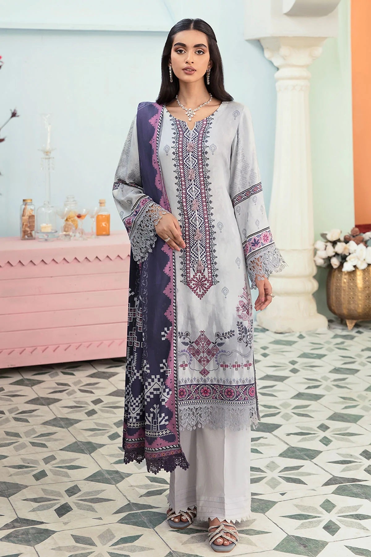 marina dress design Grace W104 -Embroidered 3pc marina dress with embroidered marina dupat Katran