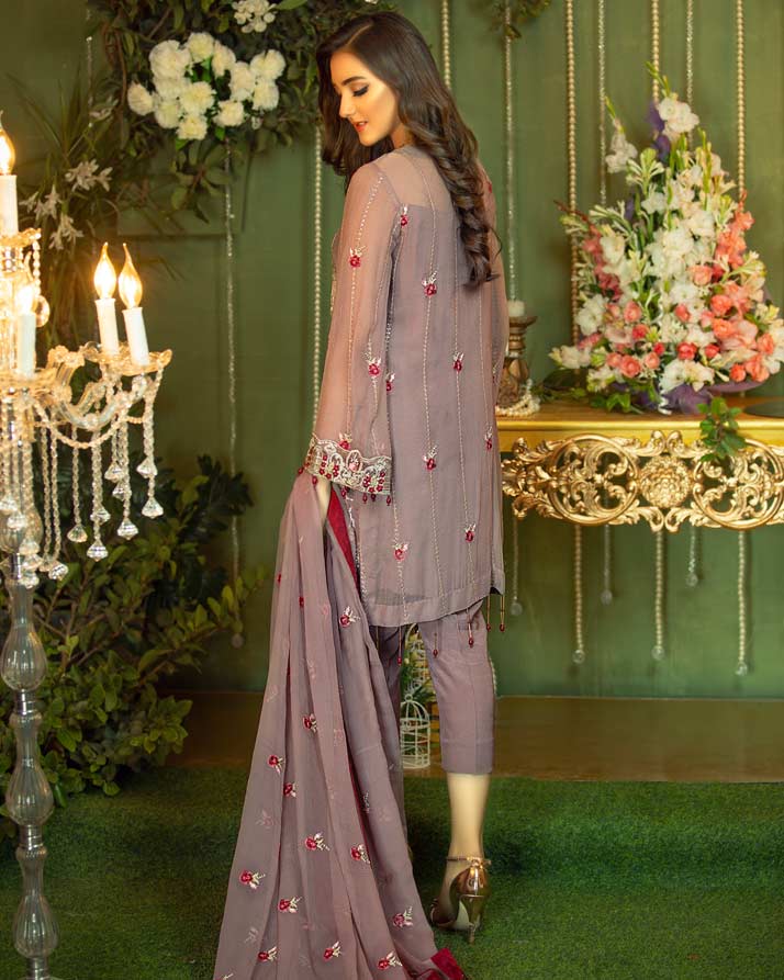 Noor e Ghazal by Fanoos Embroidered Chiffon Unstitched 3 Piece Suit - 02 Day Lilac