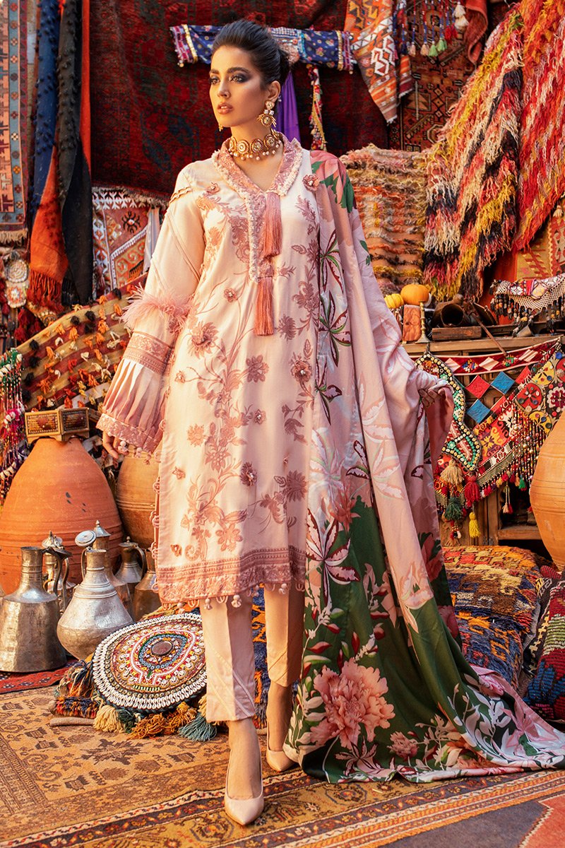 Mushq Hemline Embroidered Linen 3 Piece Unstitched Dress with Shawl - 03 Rose Dust