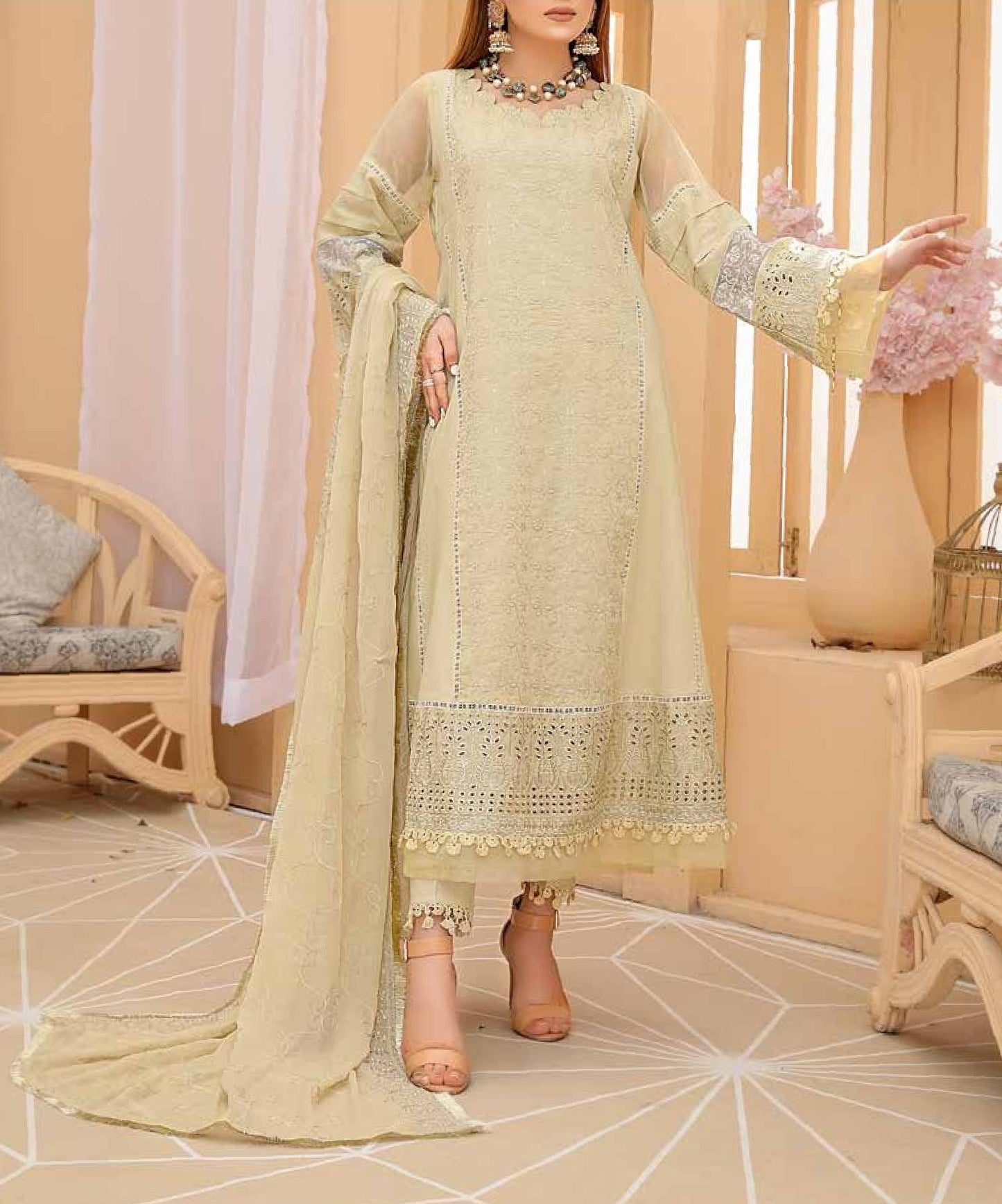 Mizaaj Embroidered Chikankari Lawn Suits Unstitched 3 Piece D-04