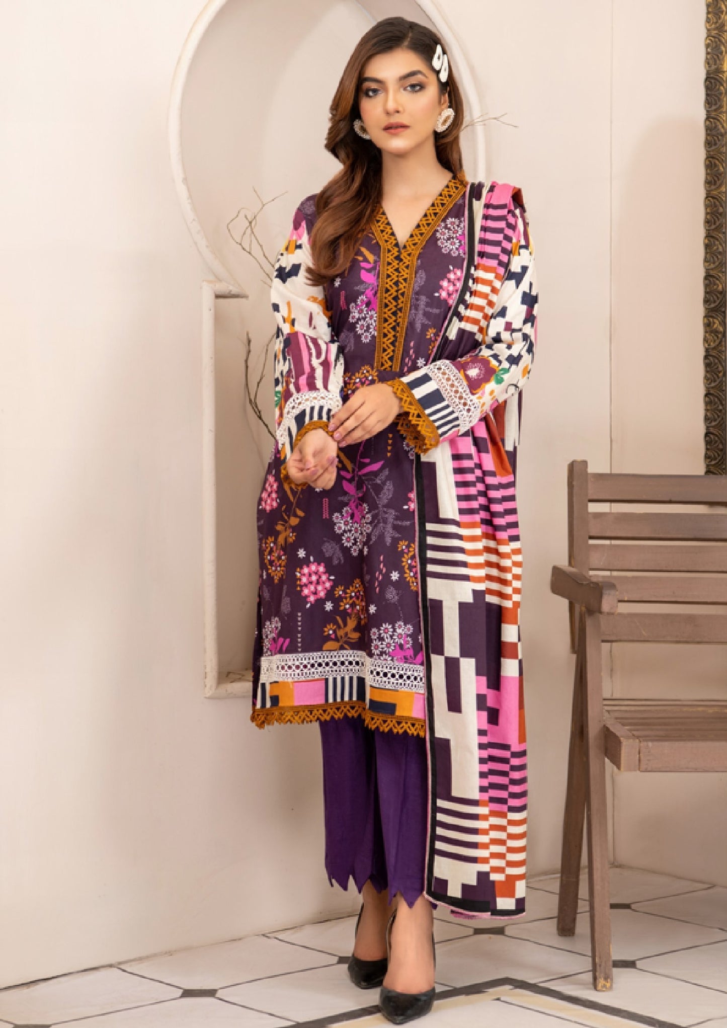 Mirah Digital Printed Lawn 3pc Unstitched Dress - D1