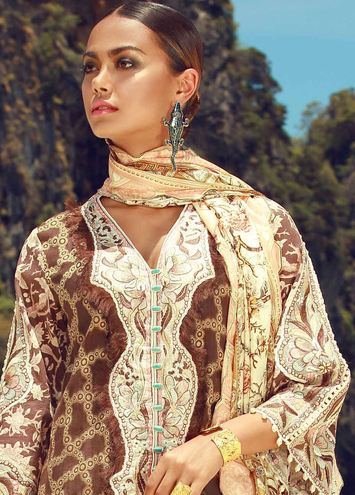 Tena Durrani Embroidered Lawn Unstitched 3 Piece Suit - 06 Sepia - Eid ul Azha Collection