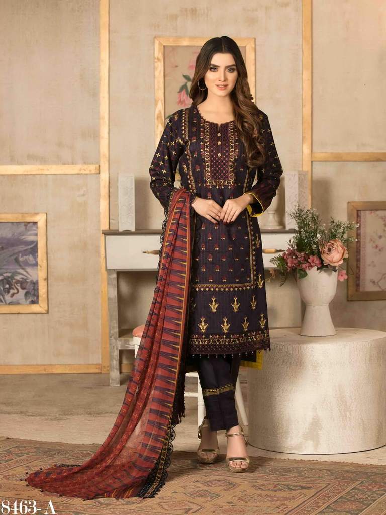 Tawakkal Camellia Embroidered Viscose 3 piece Unstitched Suit - 8463