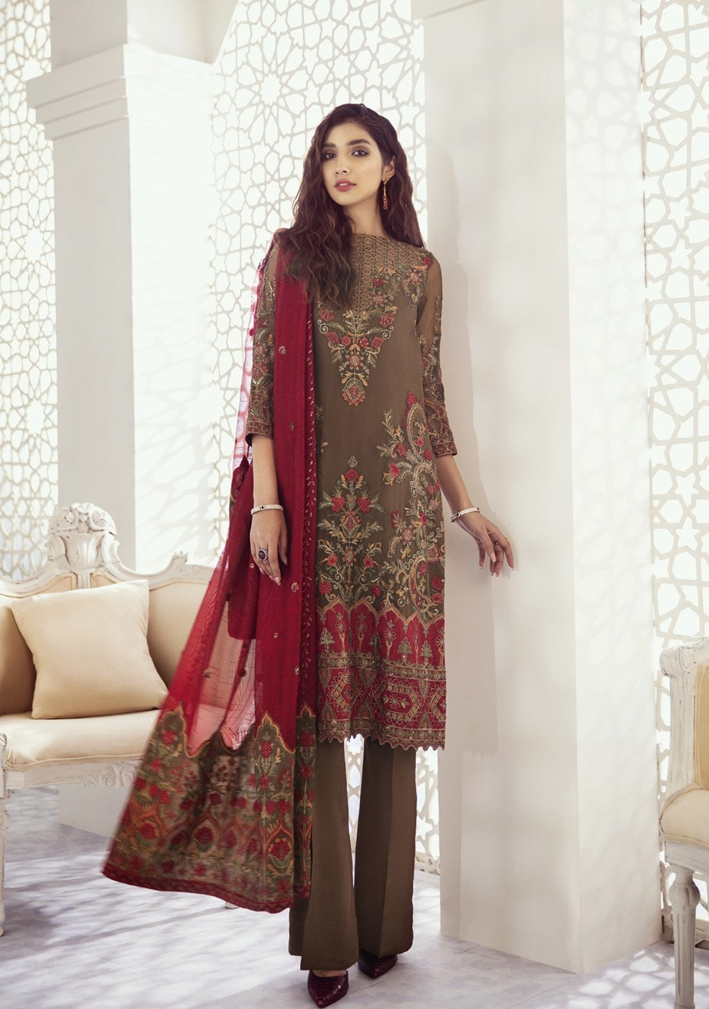Iznik Embroidered Chiffon Unstitched 3 Piece Suit ID 08 Garnet Ash - Luxury Collection