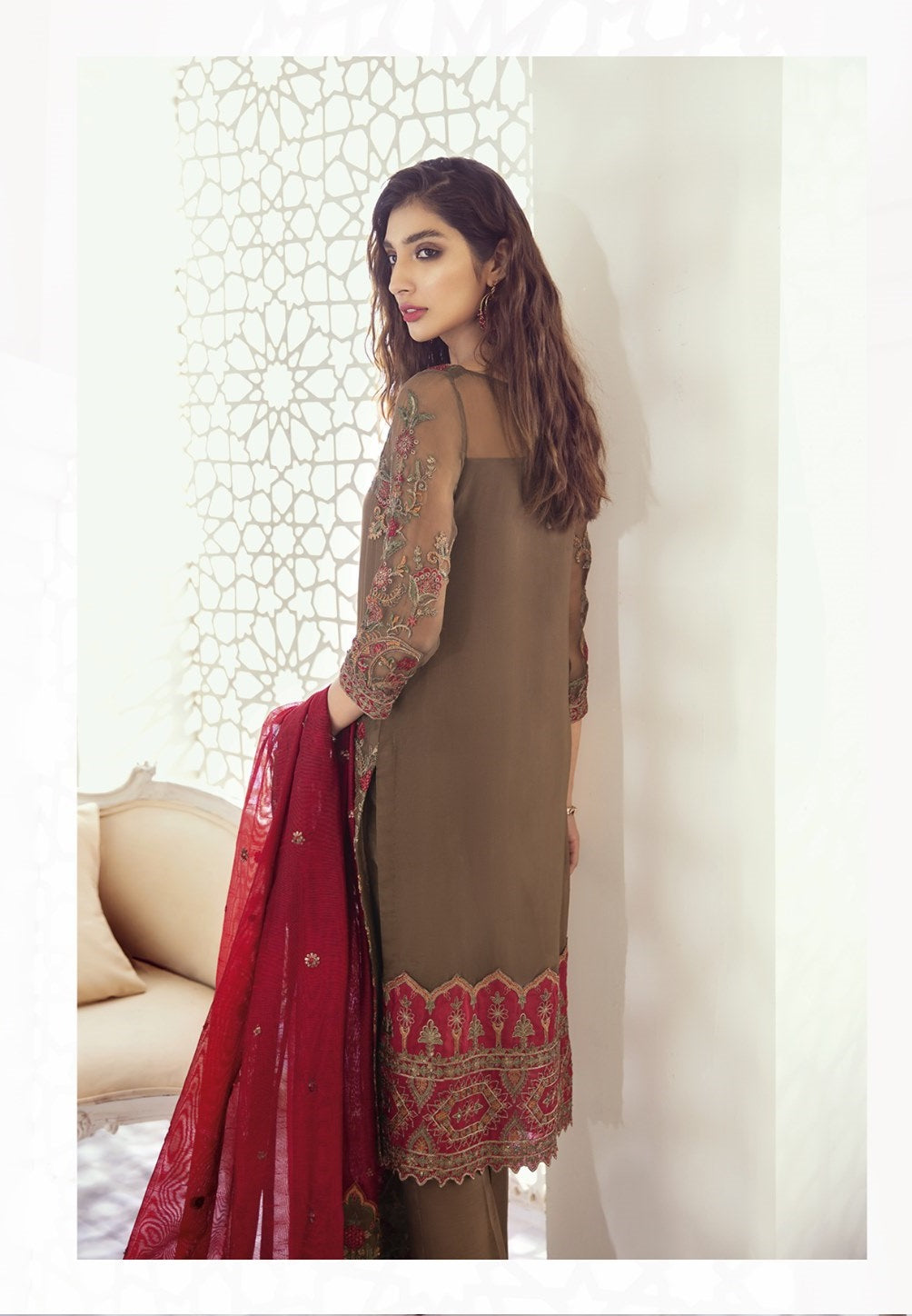 Iznik Embroidered Chiffon Unstitched 3 Piece Suit ID 08 Garnet Ash - Luxury Collection