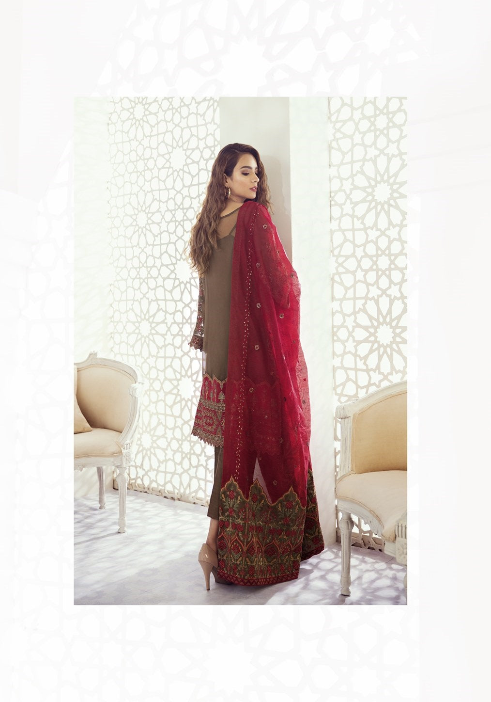Iznik Embroidered Chiffon Unstitched 3 Piece Suit ID 08 Garnet Ash - Luxury Collection