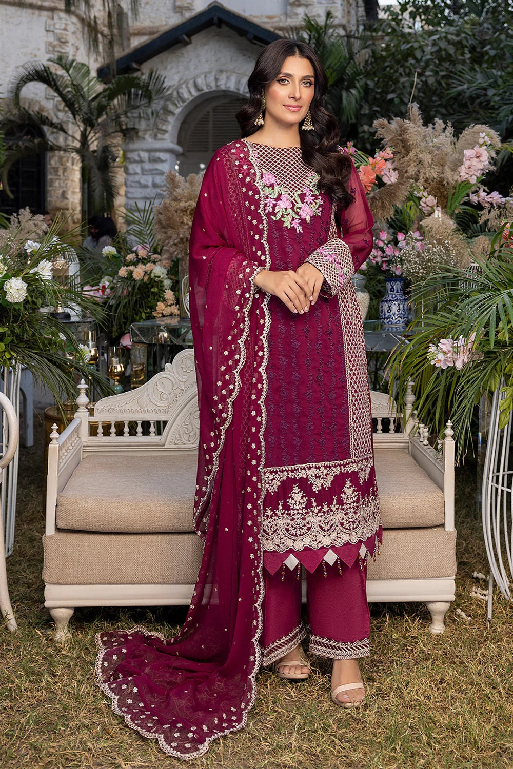 Azure Embroidered Chiffon Suits Unstitched 3 Piece AS-94 Carmine
