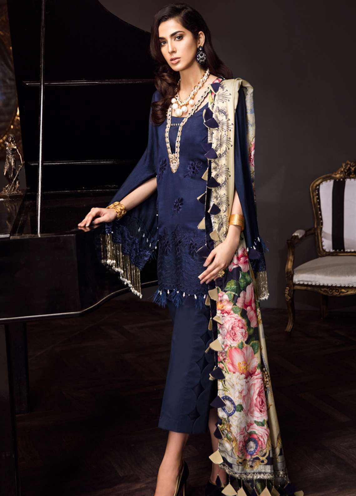 Noor by Sadia Asad Embroidered Formal Eid Lawn Unstitched 3 Piece Suit - 09 Bejeweled Shappire