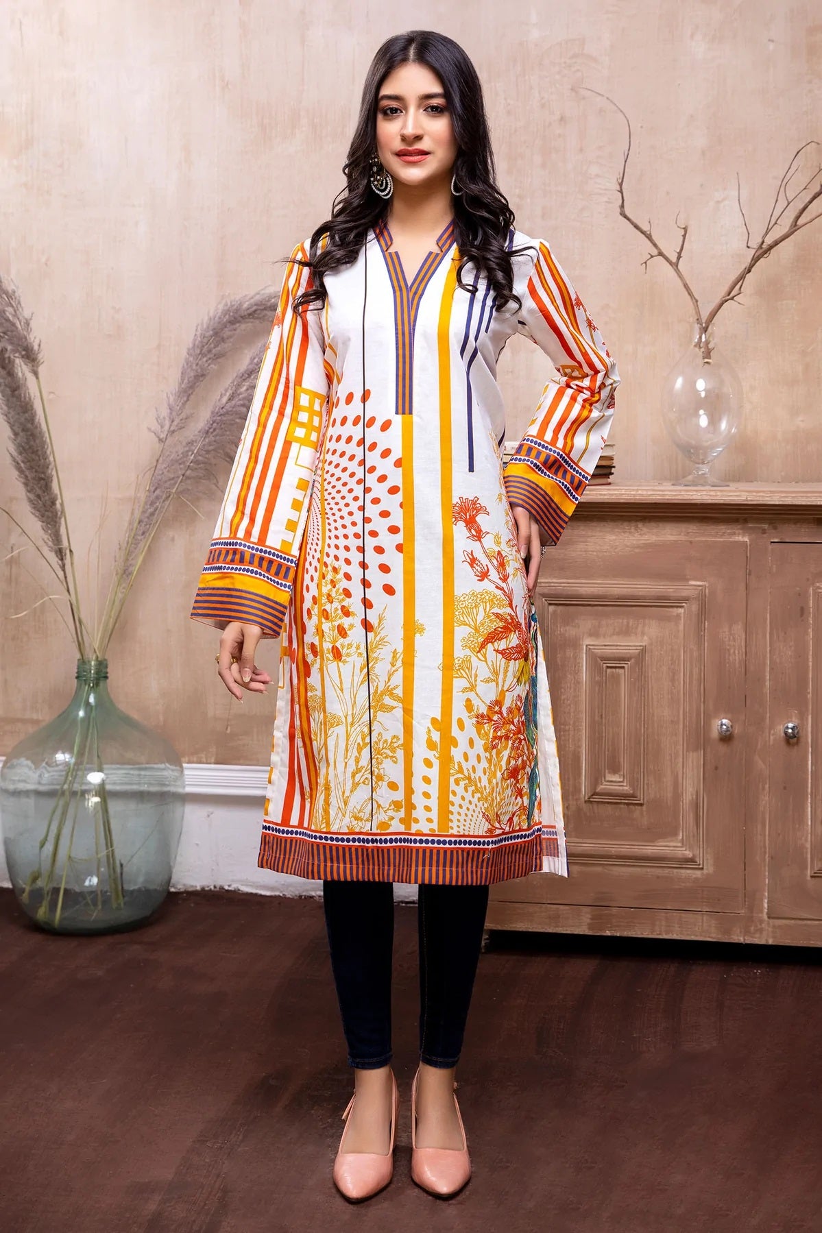 Adan Libas Printed Cambric Stitched Kurti - C1 09 Gorse