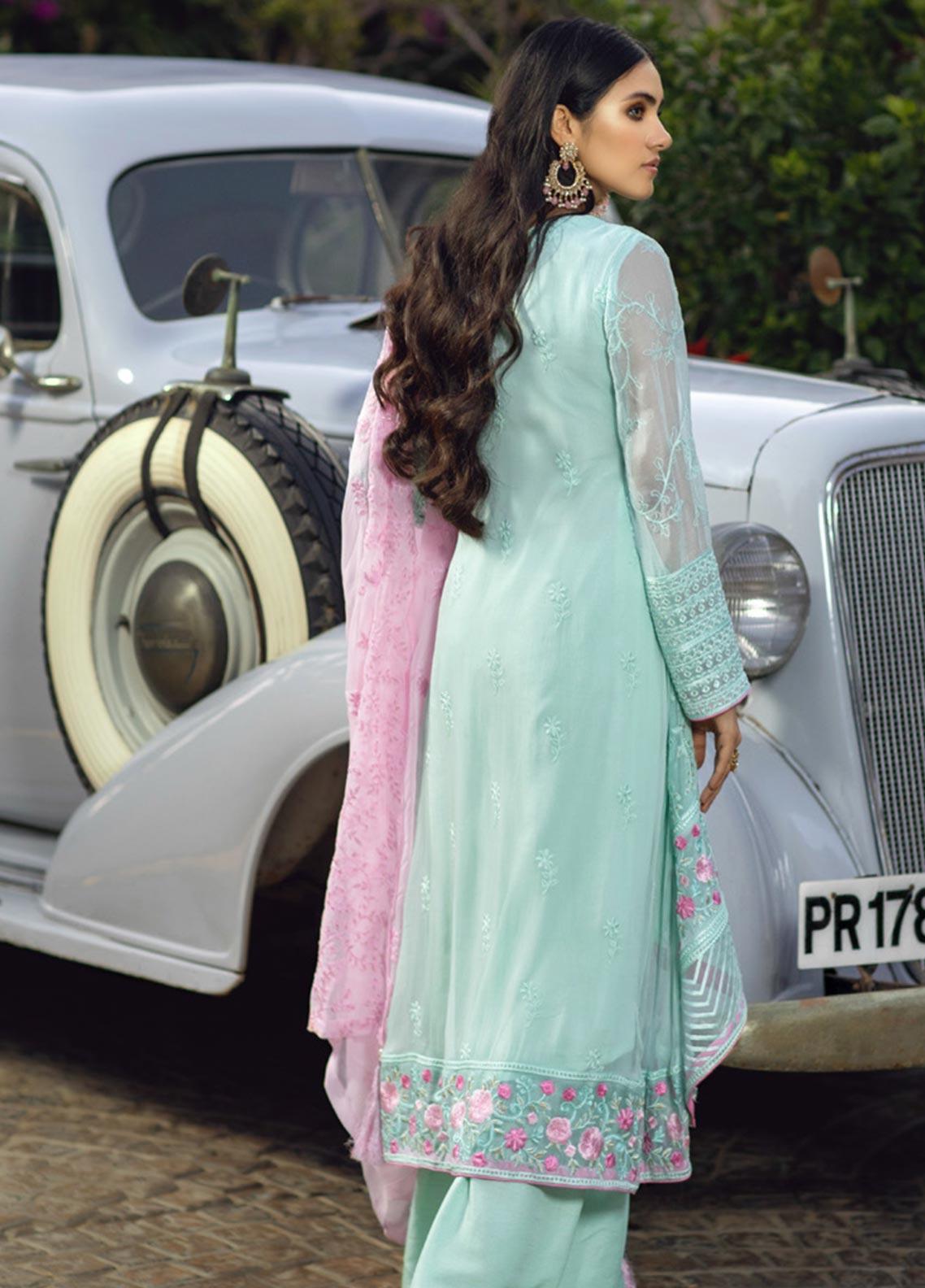 Azure Festive Embroidered Chikan Kari Chiffon 3 Piece Unstitched Suit - D05 - Minty Rose
