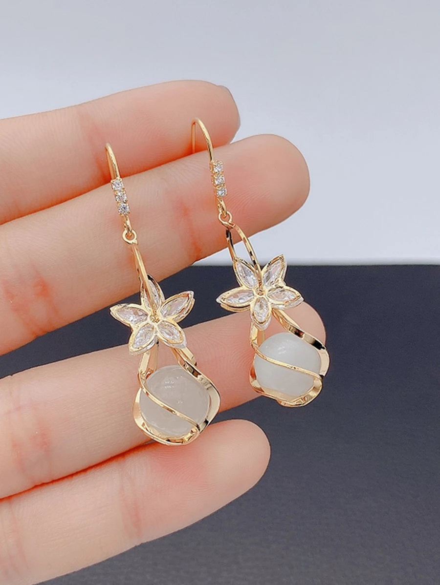 Rhinestone Flower Drop Earrings - HDJ 063